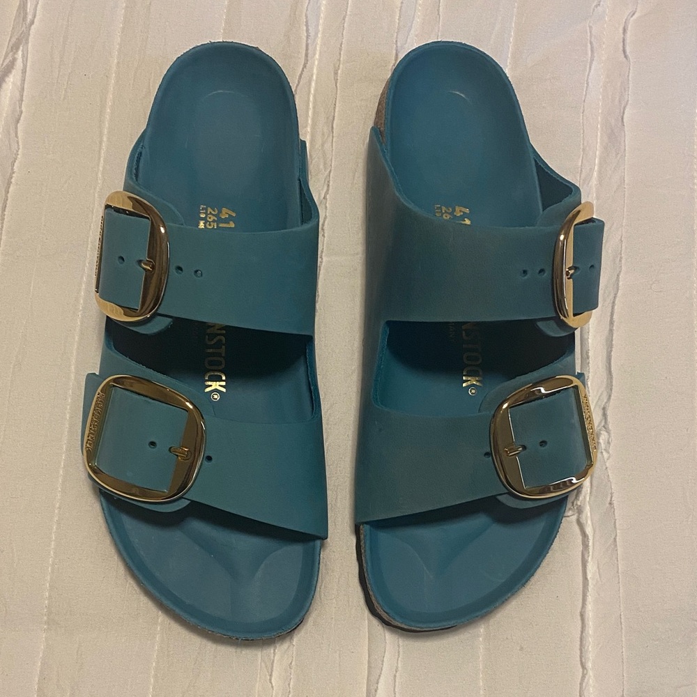 Birkenstock Big Buckle (Biscay Bay)Turquoise Sandals with Gold Buckles